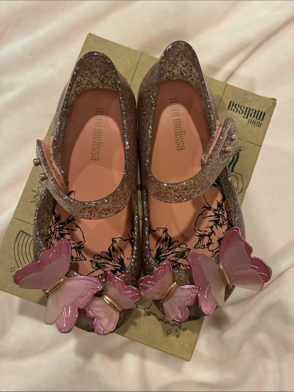 Mini Melissa Glitter Mary Janes with Pink Butterfly Accents